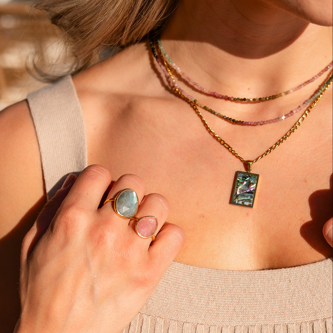 Abalone Pendant Necklace Gold Non-tarnish Figaro Chain Versatile necklace Gift for Beach Lover 