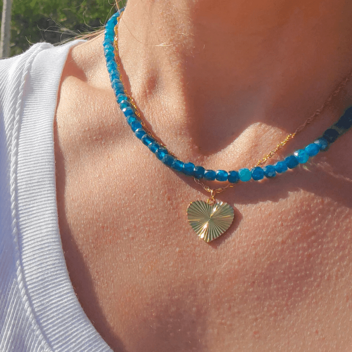 Gemstone Blue Apatite Beaded Necklace Layered with Heart Pendant Gold Waterproof Jewelry 