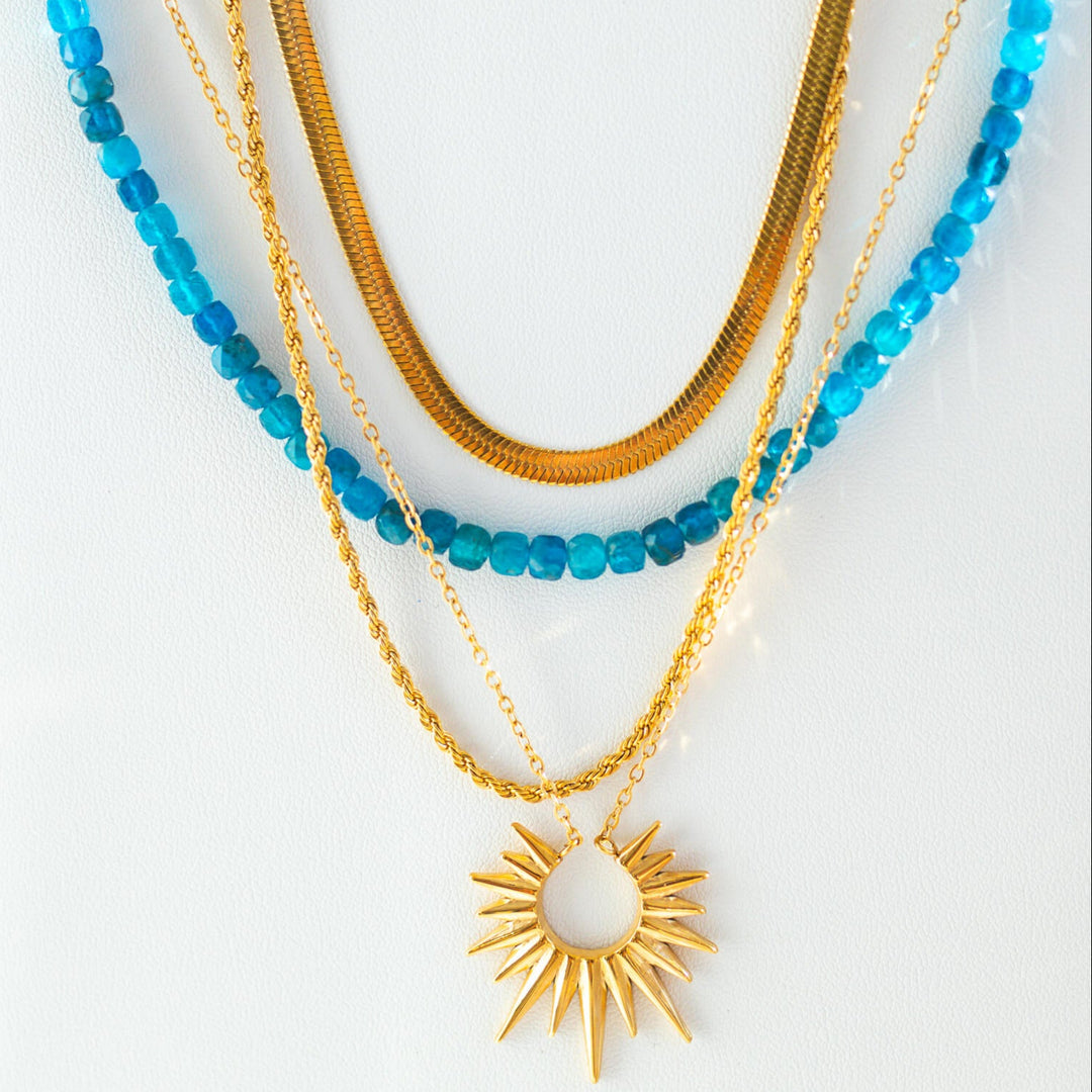 Blue Beaded Necklace Gemstone Necklace Non-Tarnish Gold Layering Necklace 
