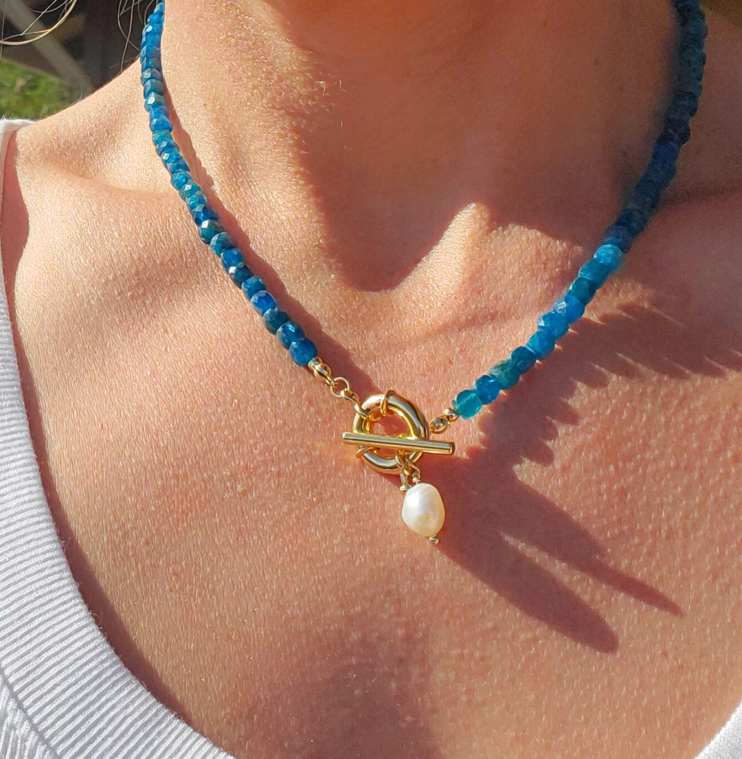 Blue Apatite Gemstone Beaded Necklace with Waterproof Gold Toggle Clasp and Baroque Pearl Pendant Charm Necklace 
