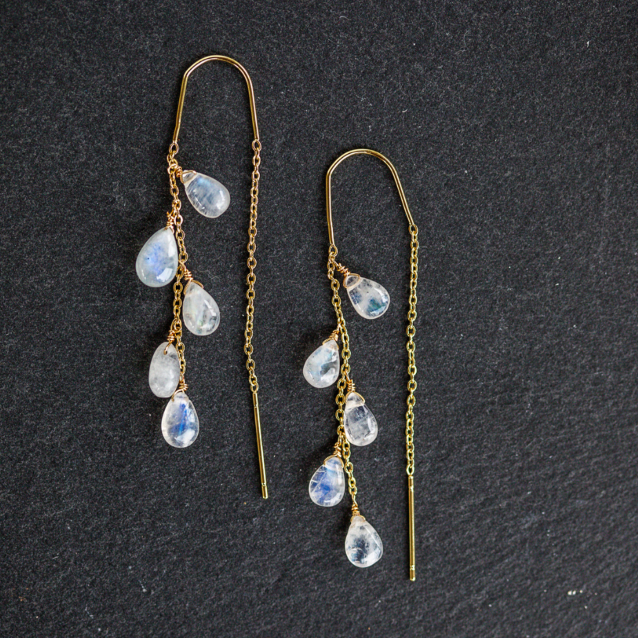 Pair of gold earrings with teardrop-shaped gemstones on a black background