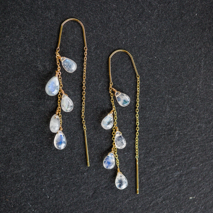Pair of gold earrings with teardrop-shaped gemstones on a black background