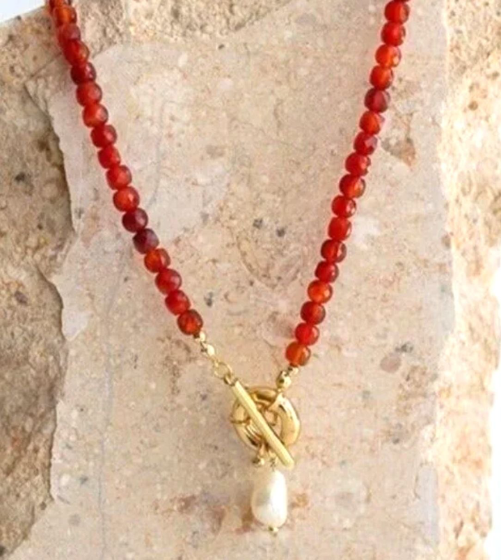 Carnelian Necklace | Removeable Pearl | Gold Toggle Clasp