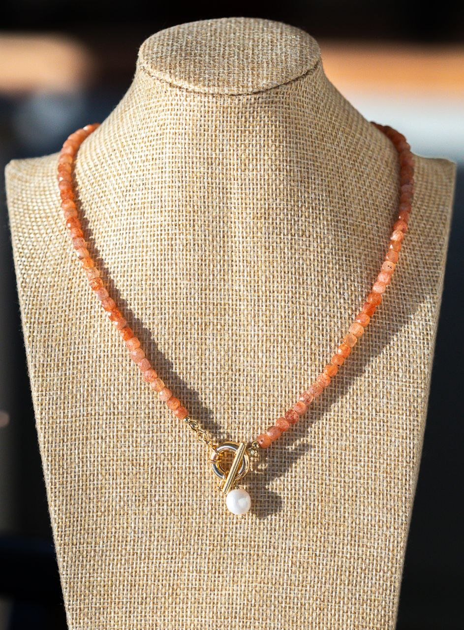 Sunstone Necklace glows was Designed with smooth faceted cube sunstone beads