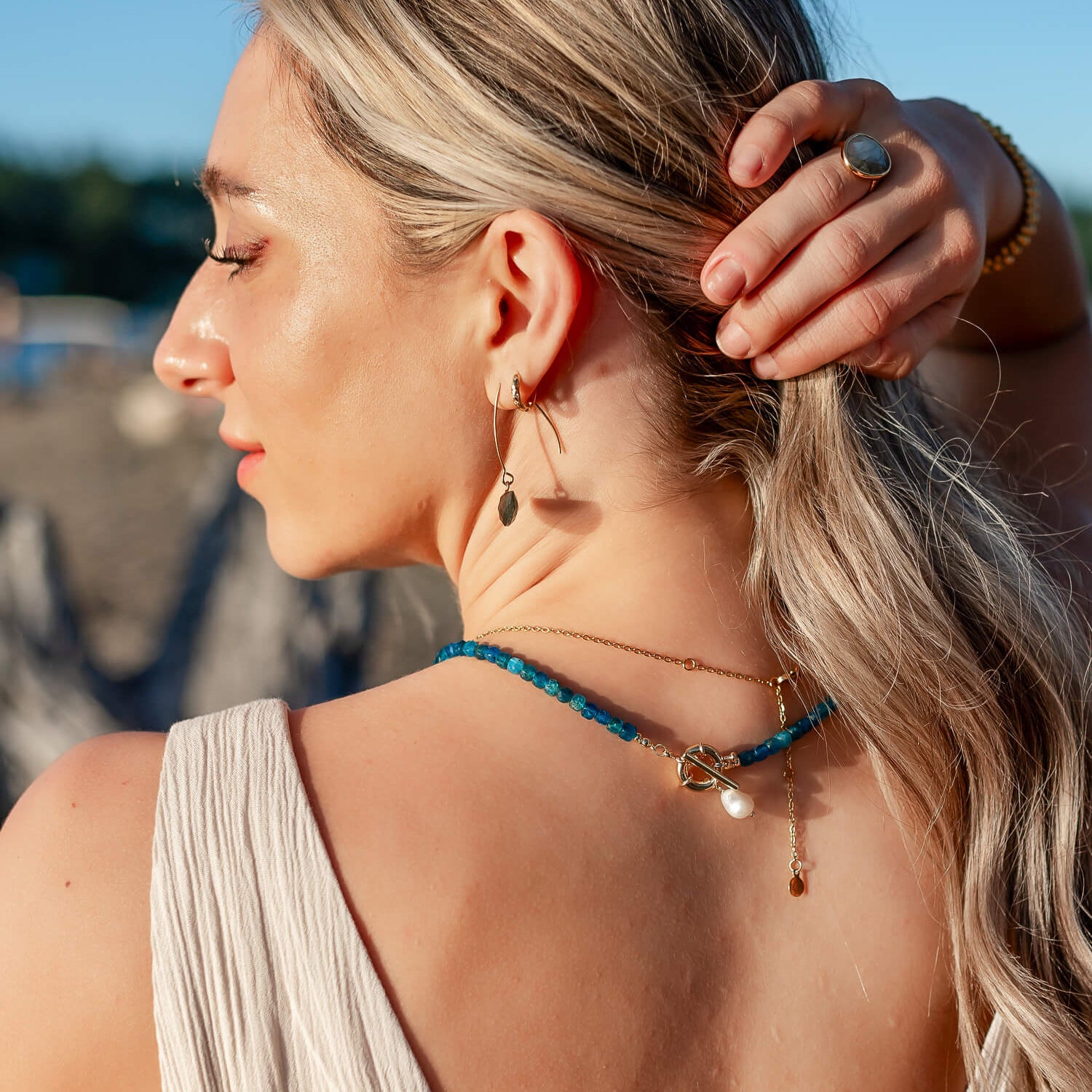 Versatile Blue Ocean Inspired Necklace with Pearl Charm and non_tarnish Gold Toggle Clasp 