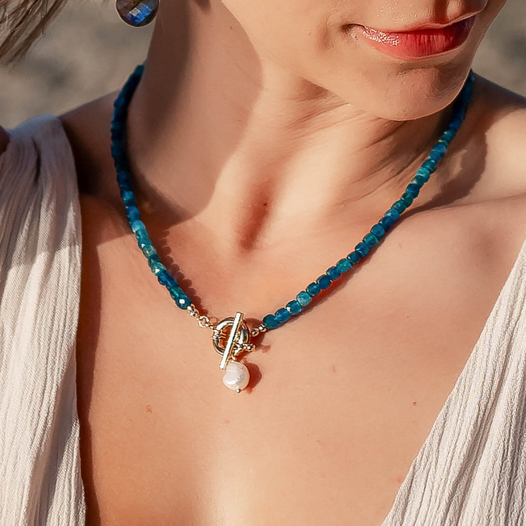 Gold Toggle Clasp Necklace with Brilliant Blue gorgeous apatite gemstone beads and tiny Pearl pendant necklace 
