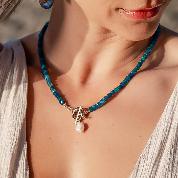 Gold Toggle Clasp Necklace with Brilliant Blue gorgeous apatite gemstone beads and tiny Pearl pendant necklace 