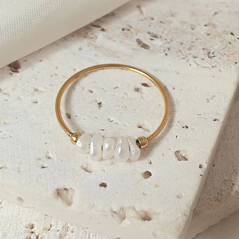 5 dainty pearls on gold band ring 