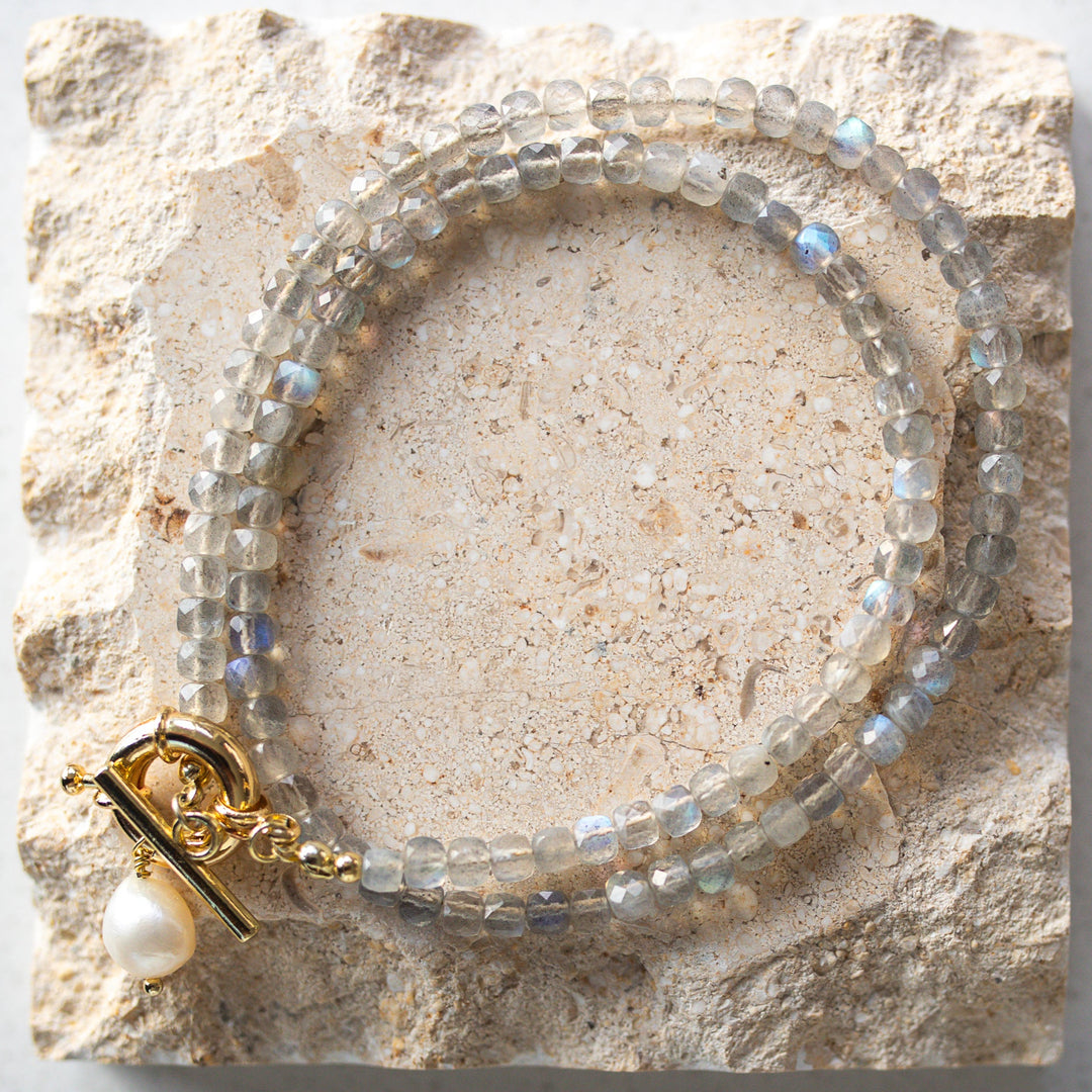 Gold Toggle Clasp Necklace with Labradorite Faceted Cube Beads and Baroque Pearl Pendant Non-tarnish gold clasp necklace 