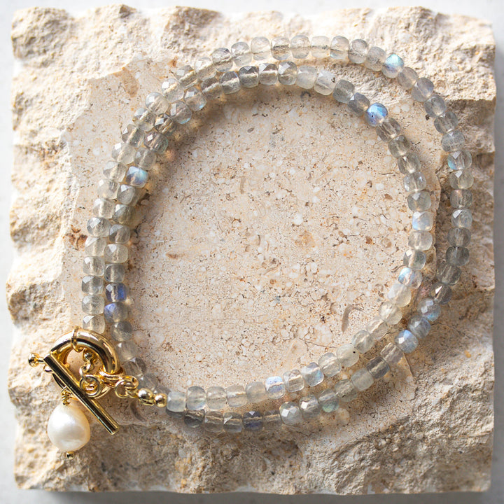 Gold Toggle Clasp Necklace with Labradorite Faceted Cube Beads and Baroque Pearl Pendant Non-tarnish gold clasp necklace 