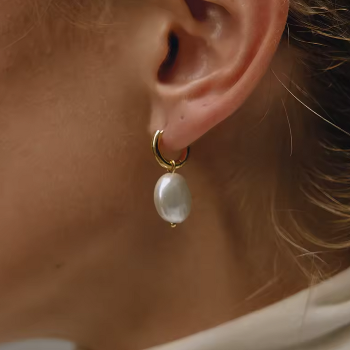 Gold hoop earring with a round pearl drop waterproof summer jewelry 