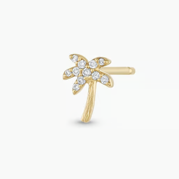 Gold palm tree stud earring with embedded diamonds