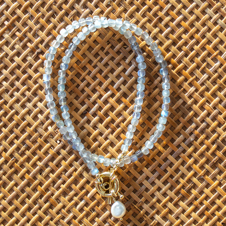 blue flash labradorite beaded necklace with pearl charm and gold toggle clasp 