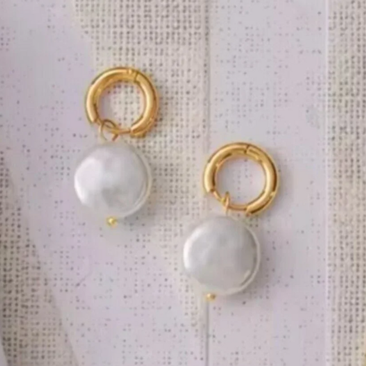 Coastal gold huggie earrings with luminous coin pearl drop, hypoallergenic earrings