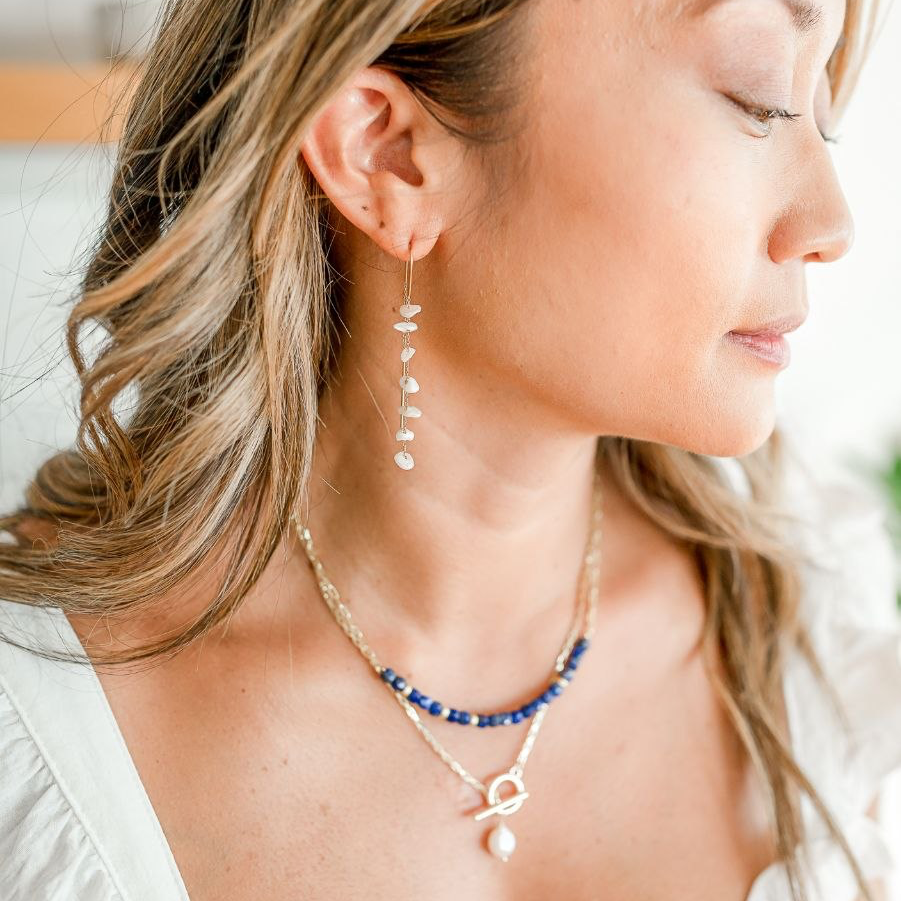 Baroque Pearl Threader Dangle Earrings on model 