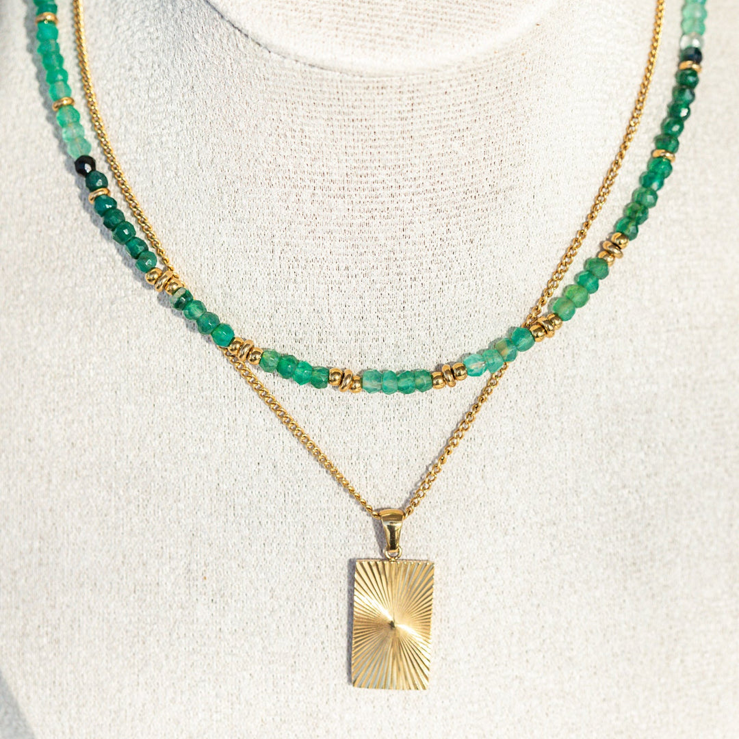Spring Necklace Gemstone Beaded Necklace Vacation Jewelry Green Onyx and Gold 
