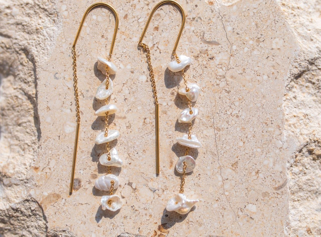  Baroque Pearl Threader Dangle Earrings on stone 