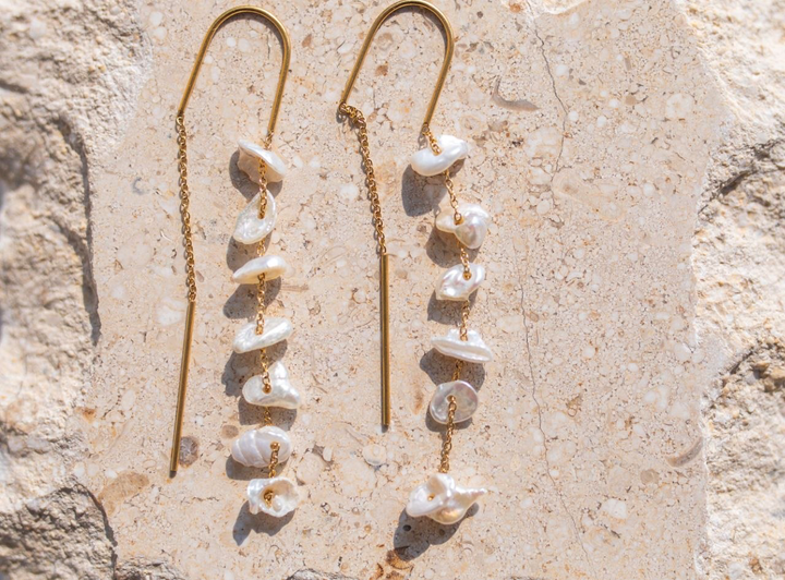 Baroque Pearl Threader Dangle Earrings on stone 