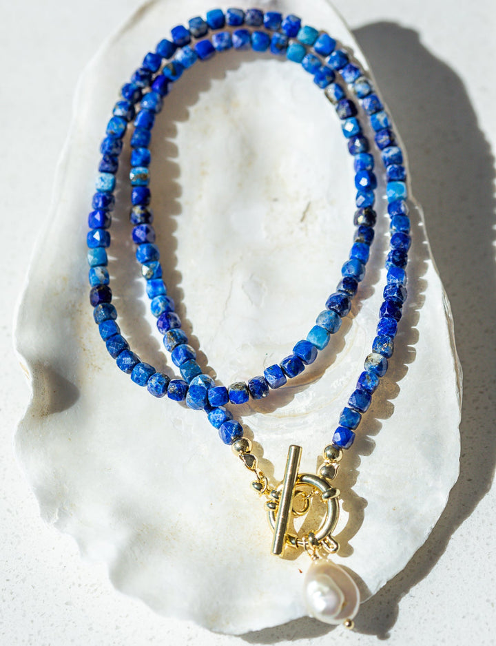 Lapis Lazuli Beaded Necklace | Removable Pearl Charm | Gold Toggle Clasp