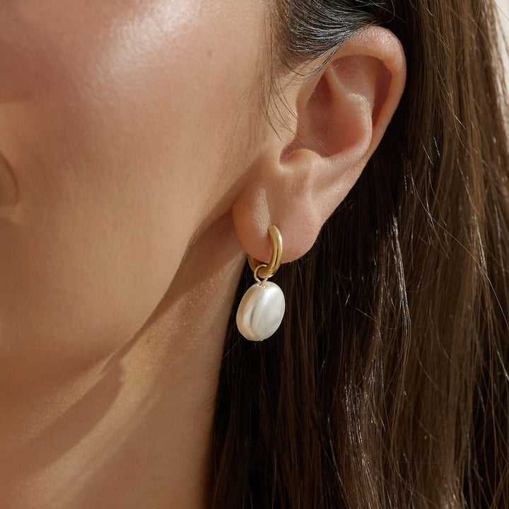 Waterproof gold huggie earrings with pearl drop, tarnish proof stainless steel, June Birthstone 