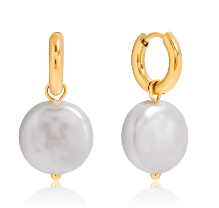 Gold huggie earrings with coin pearl drop  waterproof beach jewelry
