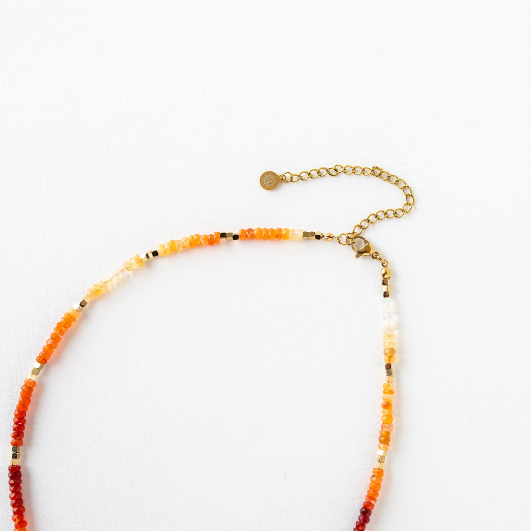 Gold PVD toggle clasp and extender detail on Mexican fire opal necklace