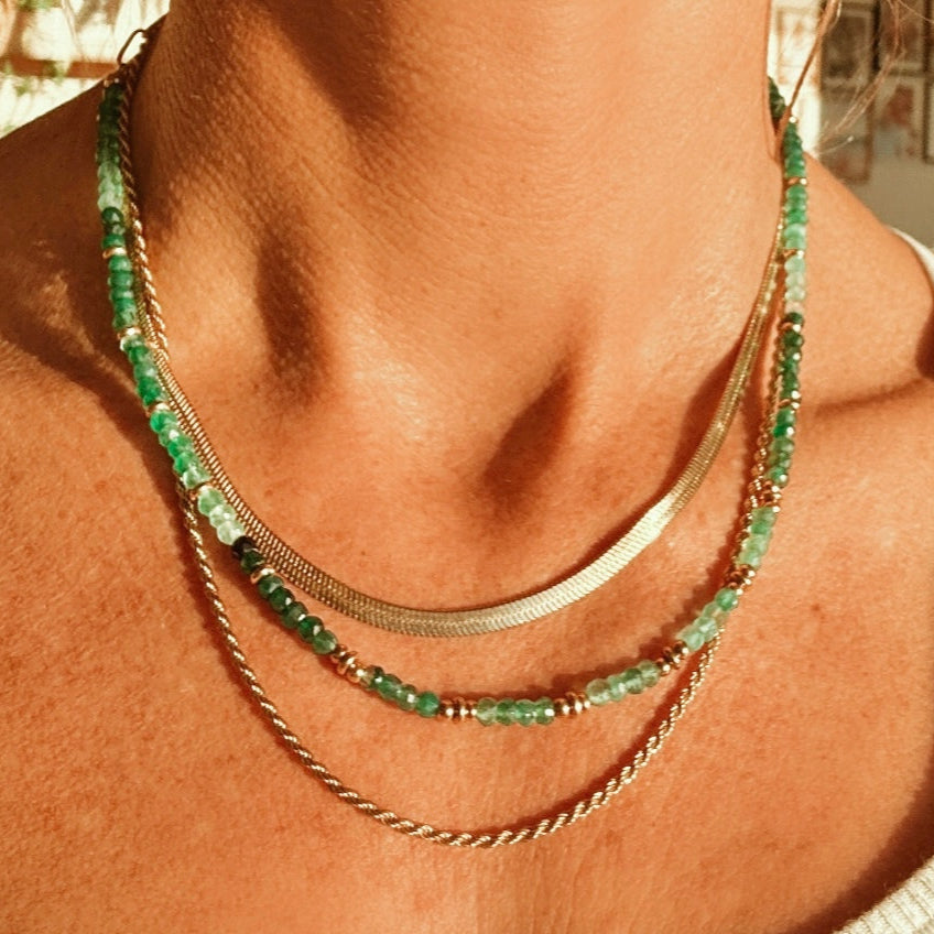 Gorgeous Necklace of Ombre Shaded Green Gemstone Beads and Gold Beads. Waterproof and hypoallergenic jewelry 