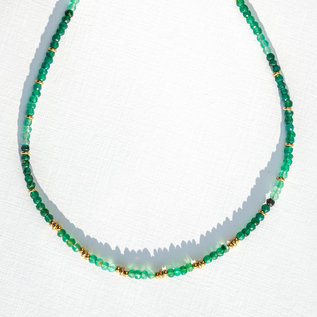 Ombre Green Onyx Beaded Necklace gold accents gold paperclip chain non-tarnish gold, waterproof and hypoallergenic 