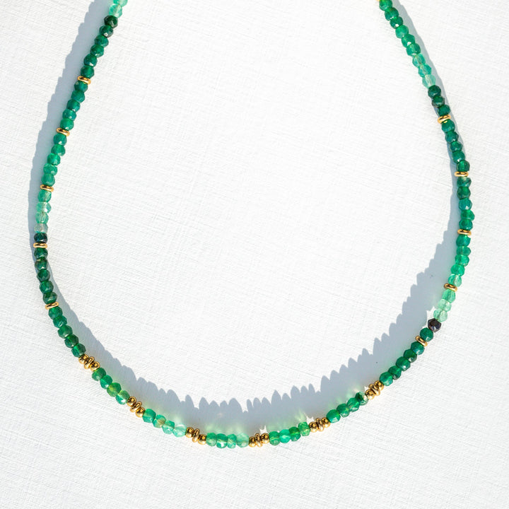 Ombre Green Onyx Beaded Necklace gold accents gold paperclip chain non-tarnish gold, waterproof and hypoallergenic 