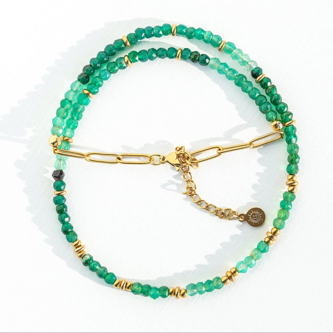 Ombre Green Onyx Beaded Necklace Faceted Beads with Gold non-tarnish Beads spaced throughout and gold waterproof chain 
