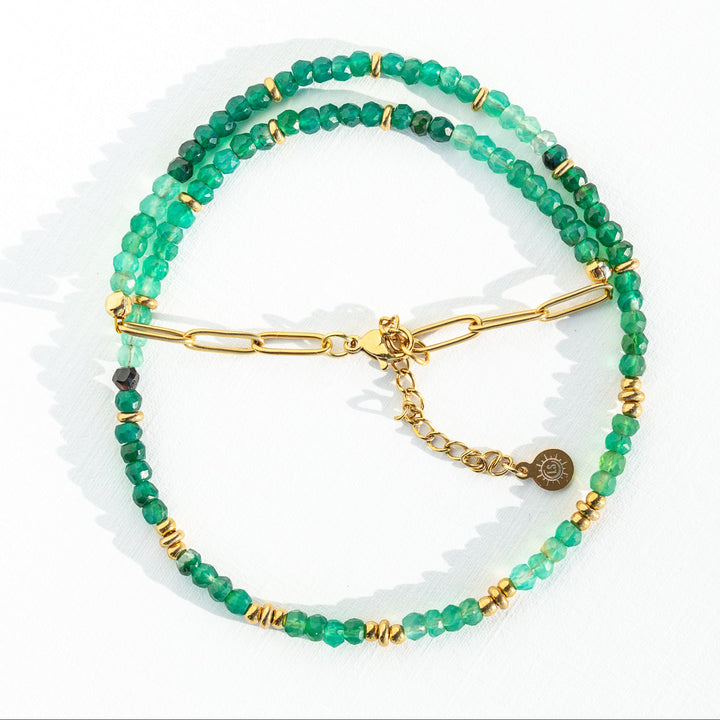 Ombre Green Onyx Beaded Necklace Faceted Beads with Gold non-tarnish Beads spaced throughout and gold waterproof chain 