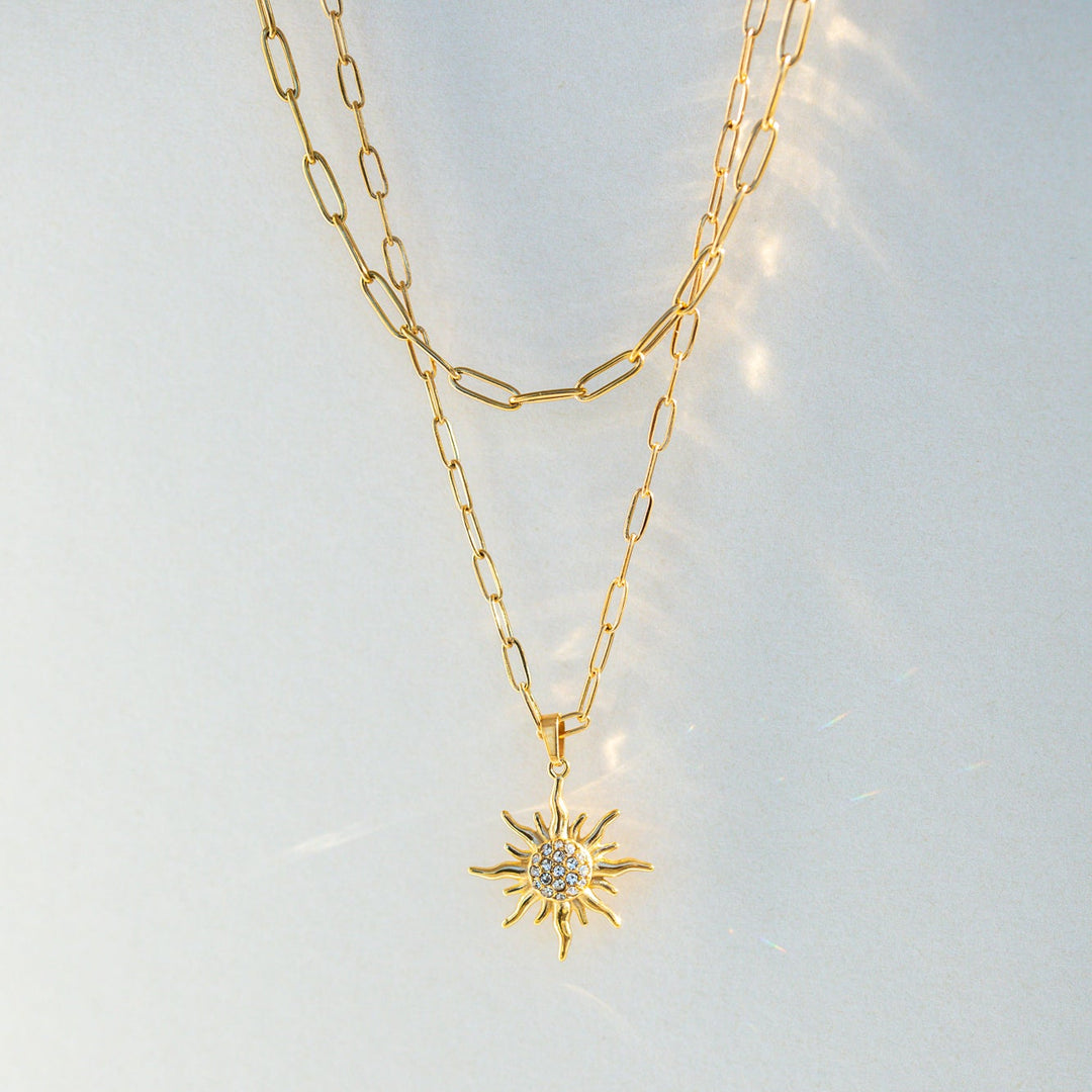 Paperclip chain layered gold necklace with sun charm gift idea for her