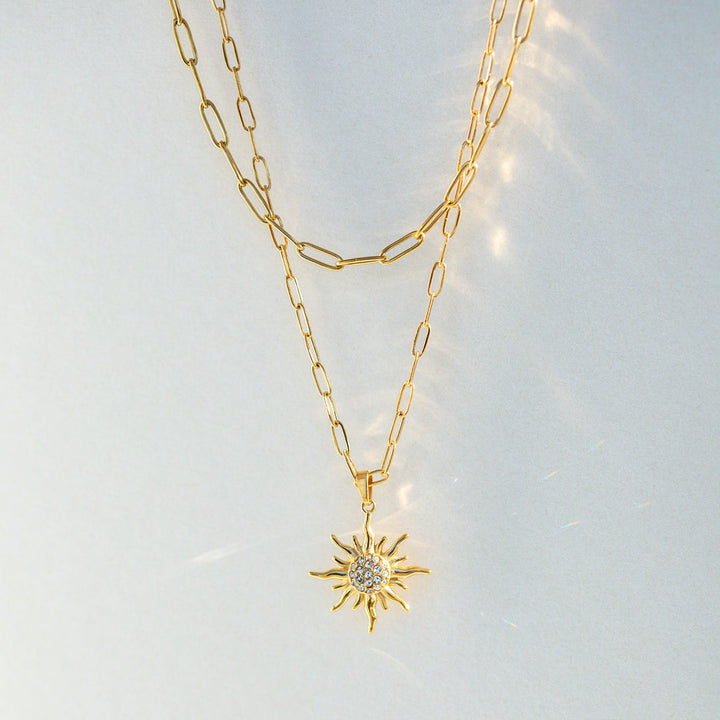 Paperclip chain layered gold necklace with sun charm gift idea for her