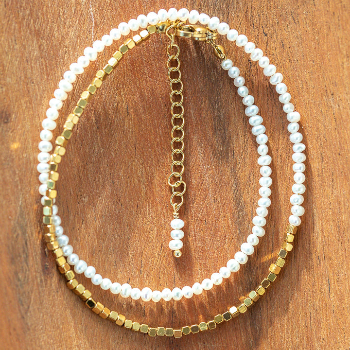 Pearl and gold sparkle necklace layered and stacked vacation jewelry Luna and Salt