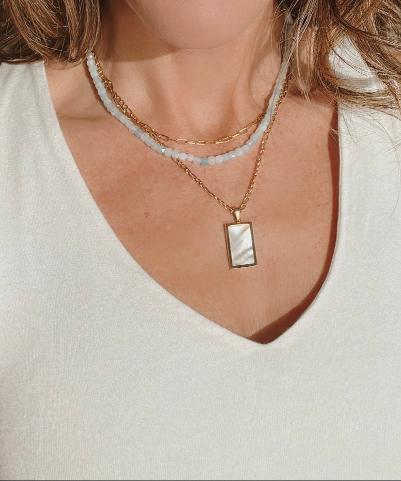 Mother of Pearl Pendant Necklace 18K Gold Figaro Chain Removable Pendant layering necklace 