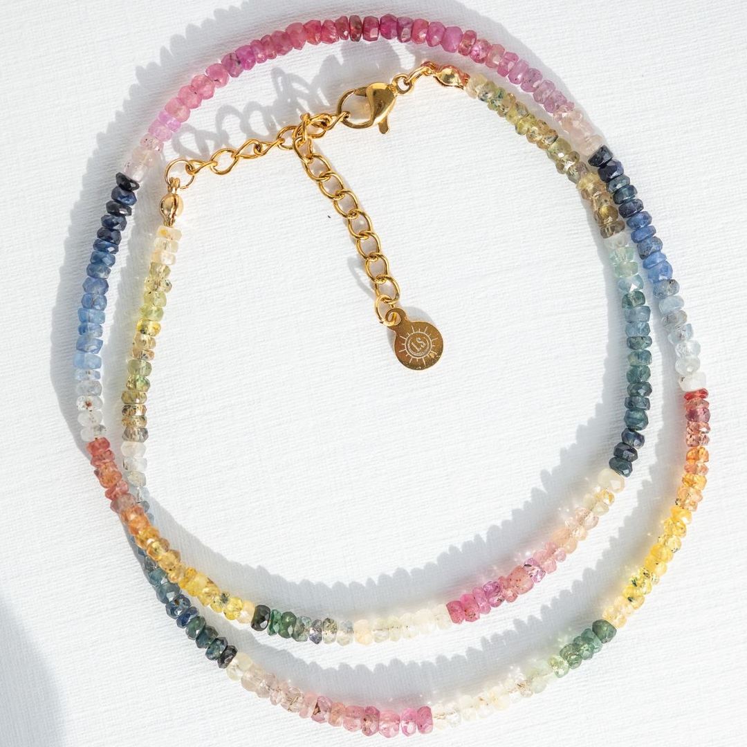 rainbow sapphire necklace with colorful gradient beads gold waterproof