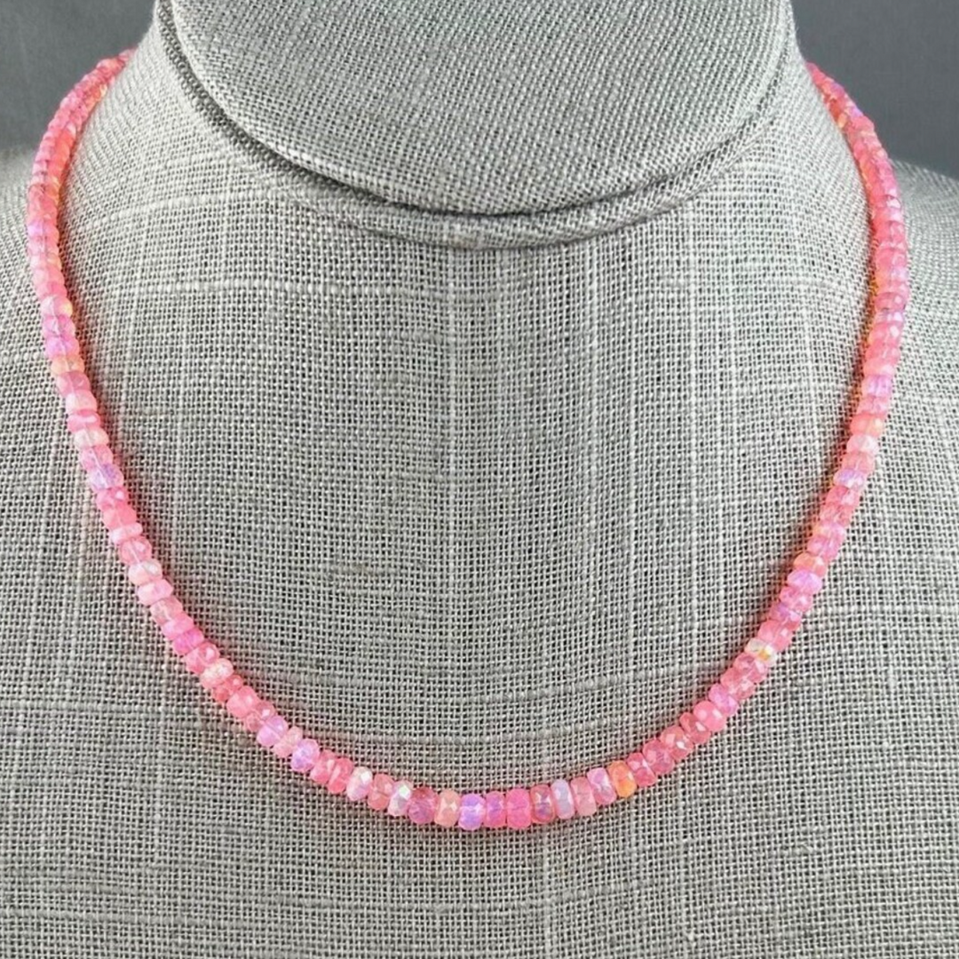 Necklace with pink beads on a gray mannequin October birthstone gift for her 