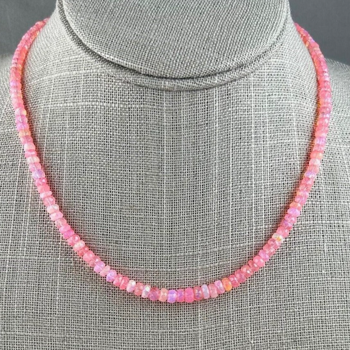 Necklace with pink beads on a gray mannequin October birthstone gift for her 