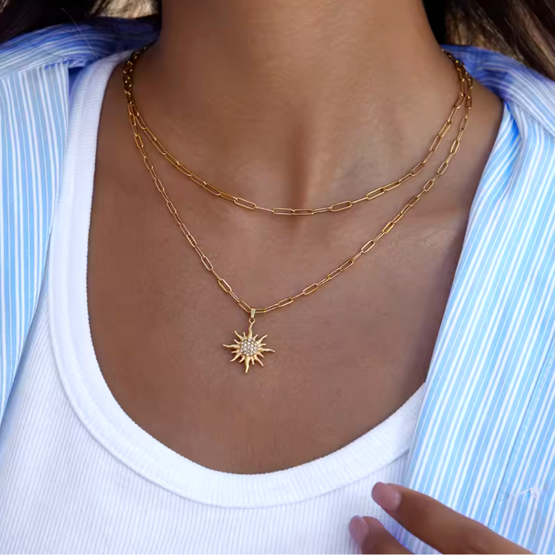 Waterproof gold necklace worn layered with sun pendant lightweight everyday jewelry